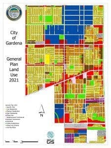 A map about the General Plan Land Use 2021 information within the City of Gardena