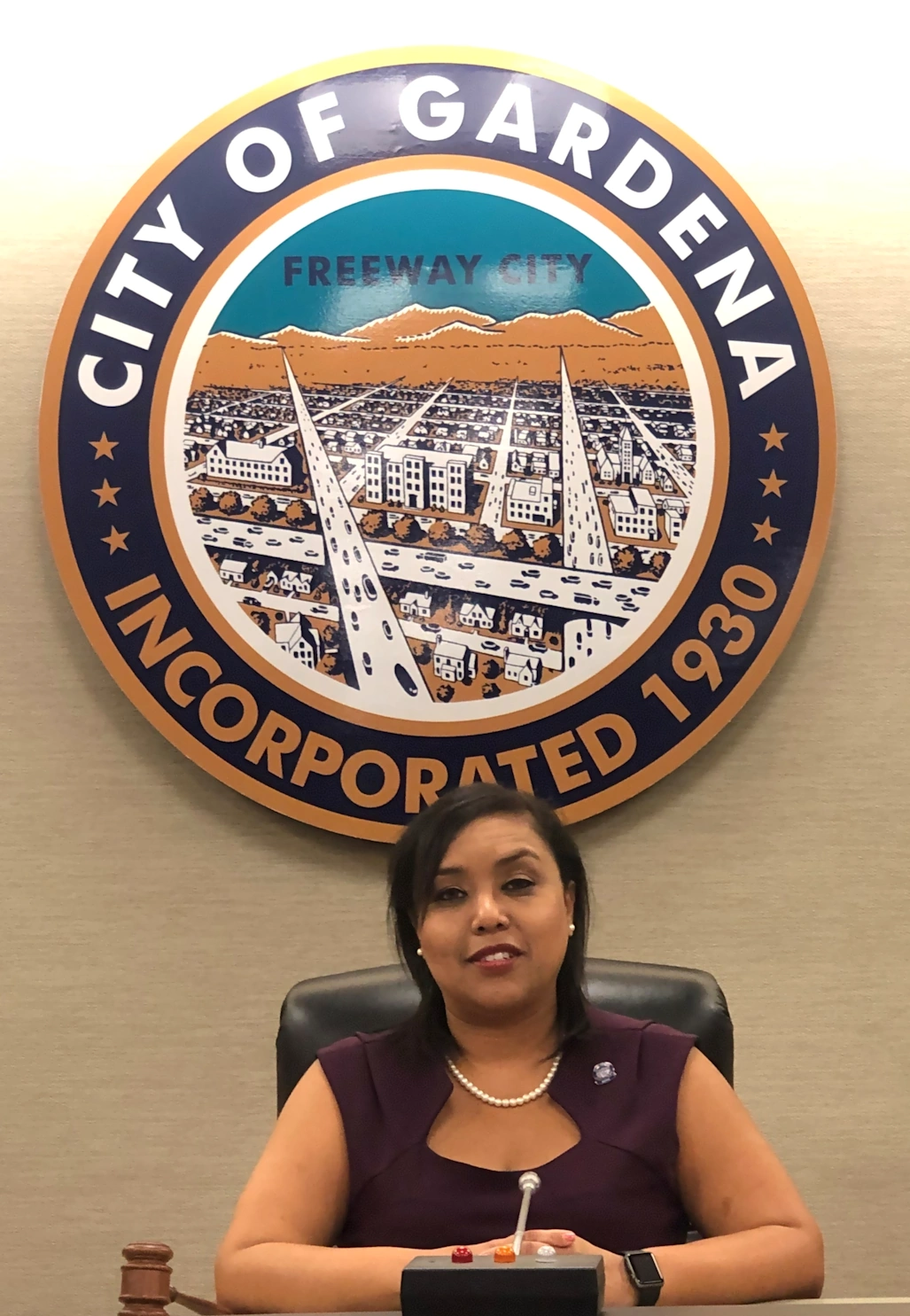 Mayor Tasha Cerda Portrait picture 2026 with city seal in background