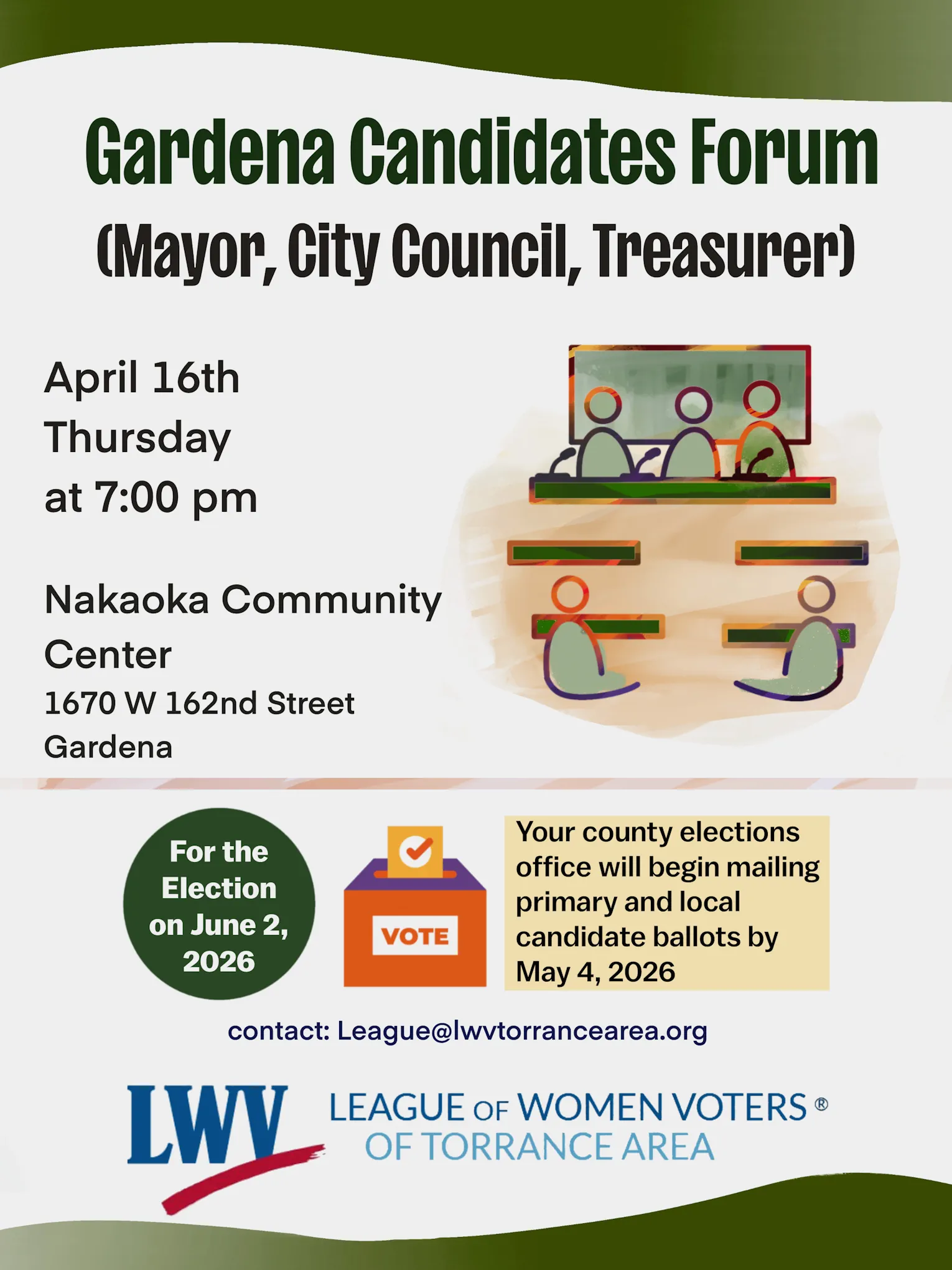 Gardena candidates forum flyer for the forum on April 16th at 7PM at 1670 W 162nd Street, Gardena, CA