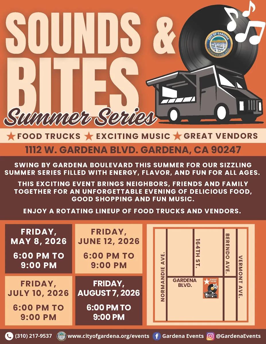 Flyer for the Sounds and Bites event at 1112 W Gardena Blvd, Gardena, CA 90247 on May 8, June 12, July 10, and August 7, 2026 from 6PM to 9PM